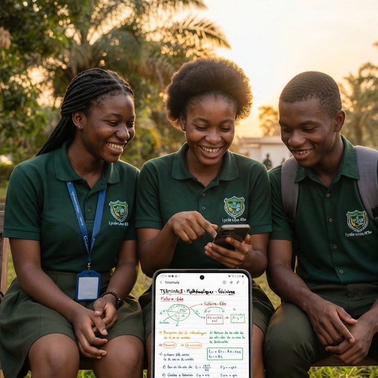 Trois élèves de Terminale au Gabon révisent ensemble sur un smartphone avec EduSpeed, au coucher du soleil