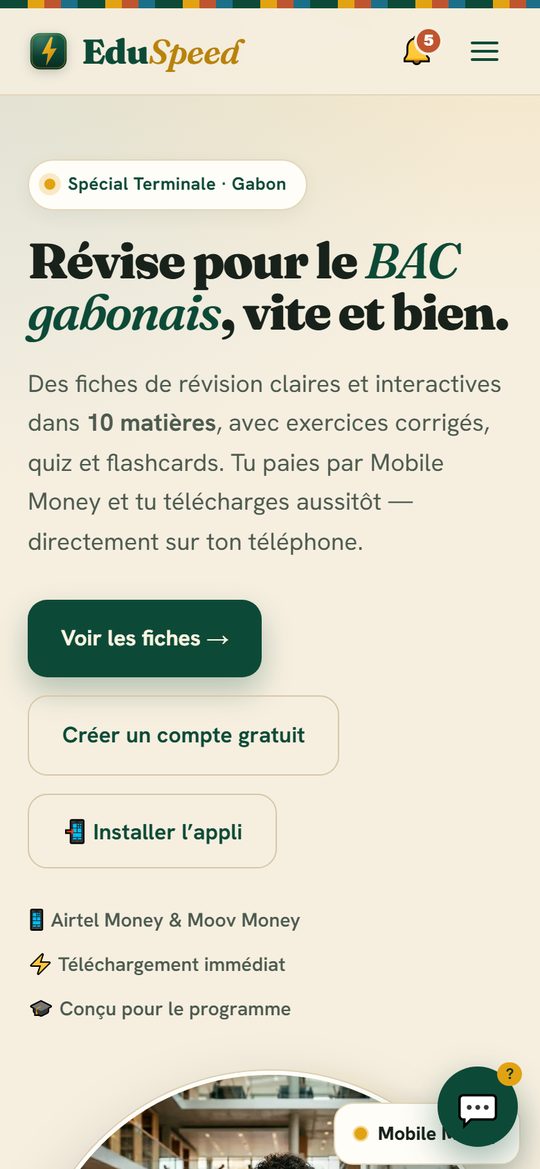 L'accueil d'EduSpeed sur un téléphone