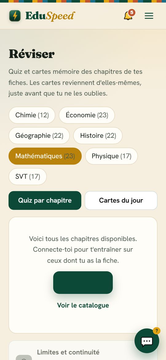 L'écran de révision d'EduSpeed sur un téléphone